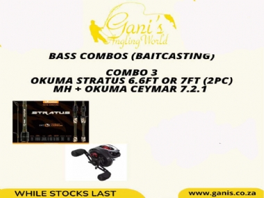 BASS COMBO 3 OKUMA STRATUS 6.6FT OR 7FT (2PC) MH & OKUMA CEYMAR 7.2.1